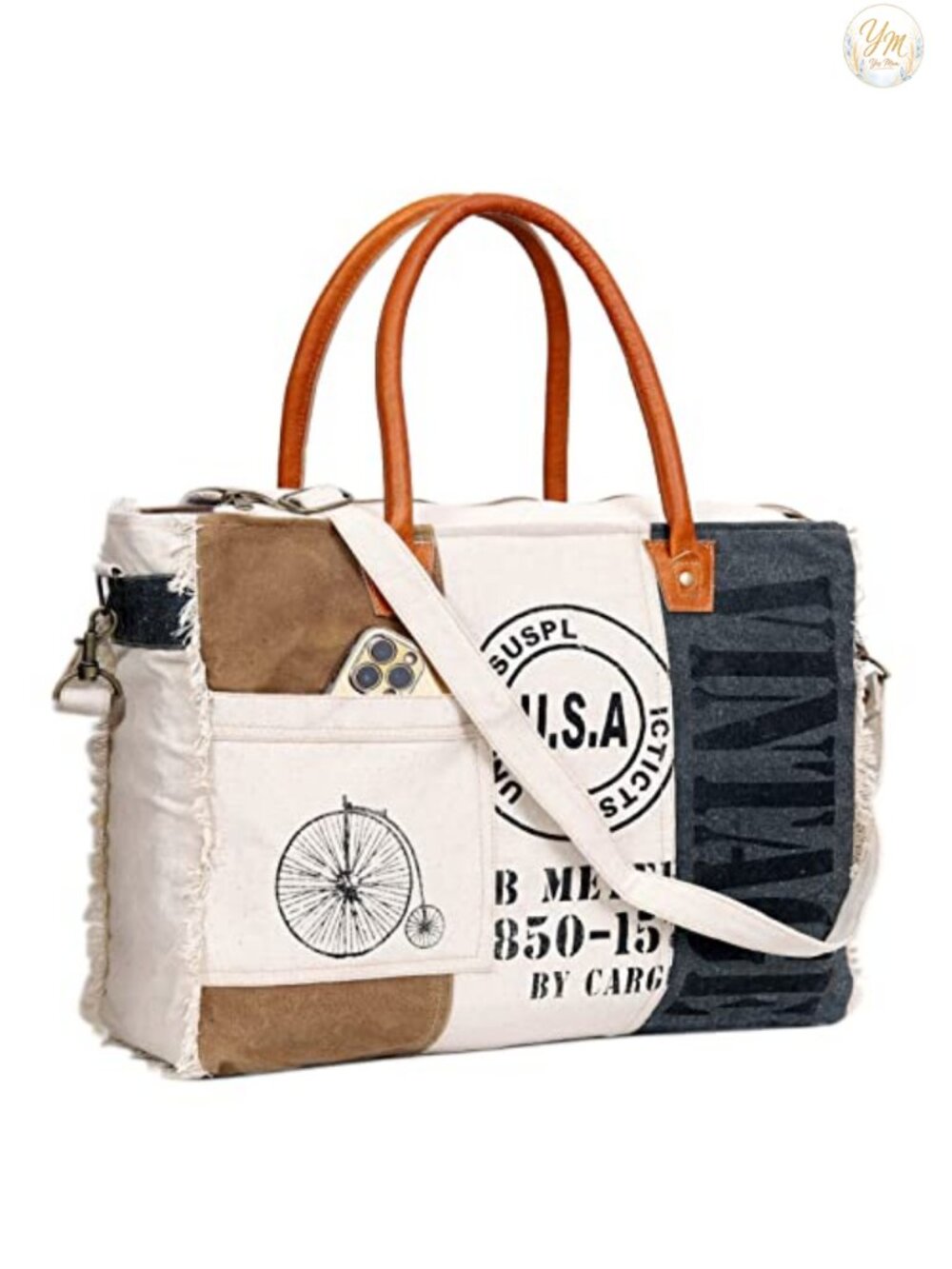 Canvas Tote Bag Large Travel Shoulder Bag Leather Handles Carryall Vintage